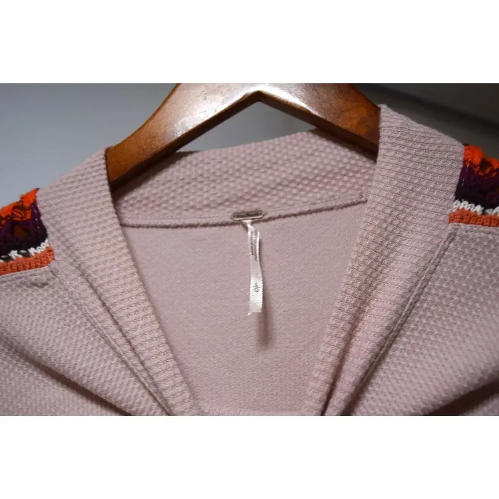 Free People Pink Waffle Knit Mixed Crochet Sleeve Top Size Small Boho